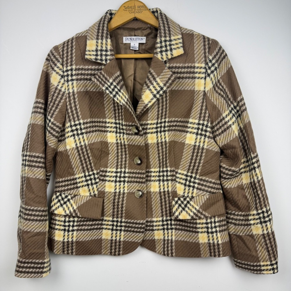 Pendleton Petite Brown Plaid 100% Virgin Wool Blazer Jacket Size 8P Vintage Look